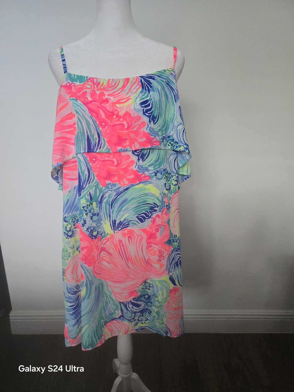 Neon Coral & Aqua Printed Ruffle Dress